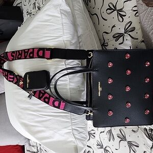 Karl Lagerfeld NWT Black & Pink Rhinestone Hearts Crossbody Bag (P081)